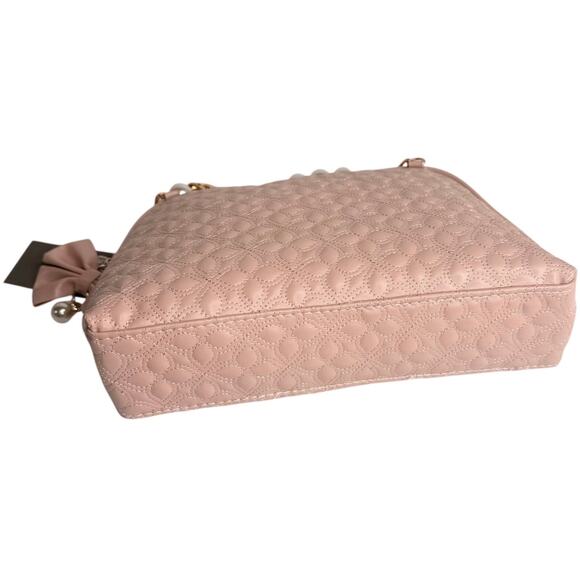 Vince Camuto Cosmetic Bag Blush Pink Bow Gold Pearls Chain Zip 10.5" Makeup Case - Picture 5 of 7